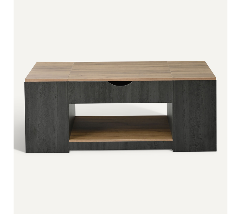 Table Basse Relevable Avec Rangement Secret – 109.5 Cm – Bois Noir Grisé – Design Moderne