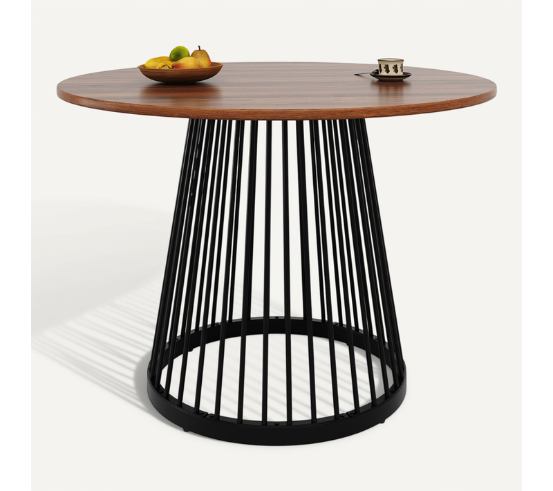 Table à Manger Ronde Diamètre 80 Cm – Plateau Noyer – Pieds Fer Noir – Petit Espace - Champêtre