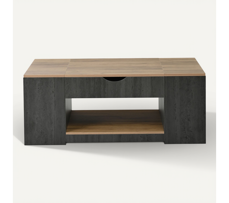 Table Basse Relevable 109,5x59,7x43 Cm - Mécanisme Hydraulique - Rangement Secret - Gris Et Bois