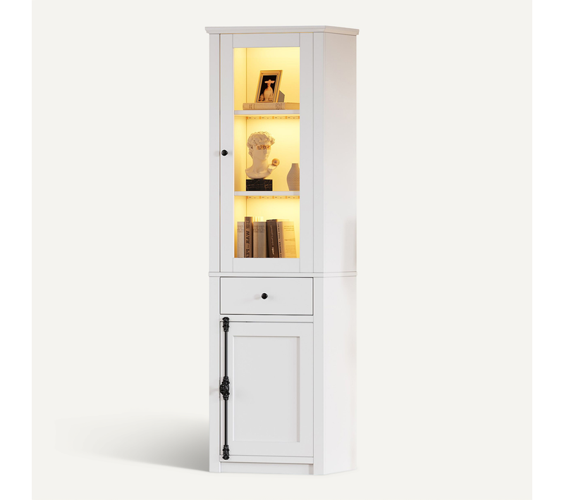 Vitrine 40 X 55 X 200 Cm, Armoire Haute Avec 1 Tiroir,2 Portes, éclairage LED, Blanc