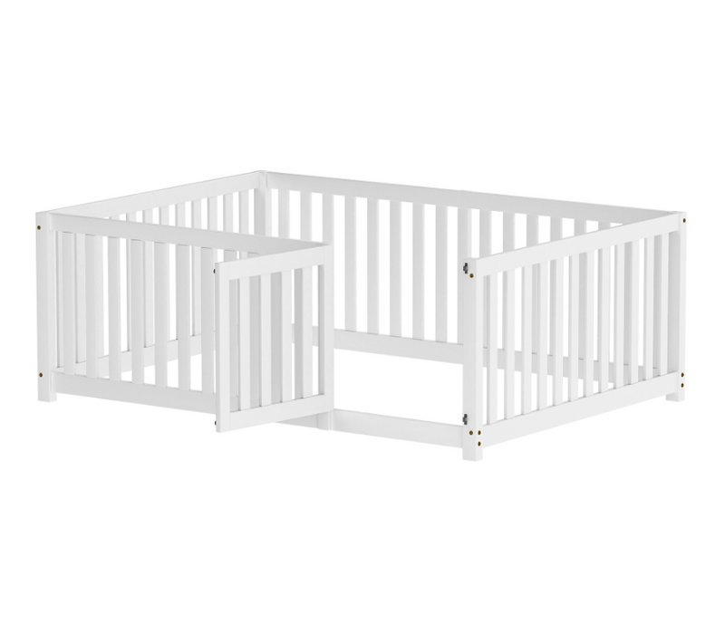 Lit Au Sol En Bois Massif 140x200cm - Avec Barrière 60cm et Petite Porte - Naturel