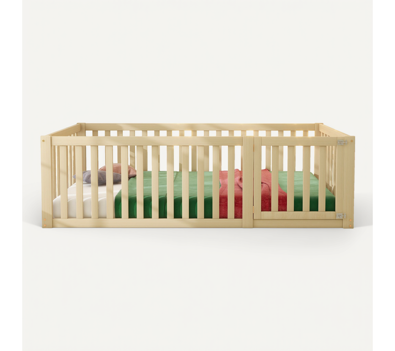 Lit Au Sol En Bois 90x200cm - Avec Barrière 60cm et Petite Porte - Gris