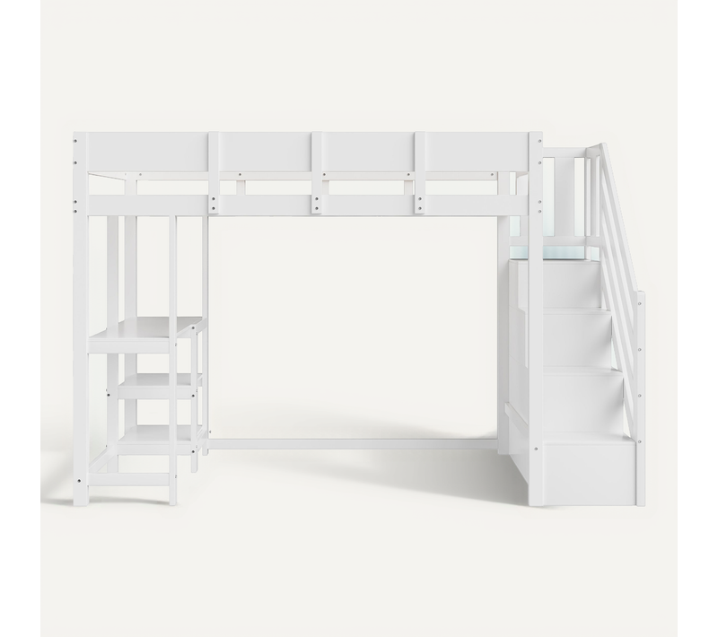 Lit Mezzanine 90x200 Cm En Pin Massif Avec Escalier De Rangement - Barrières De Sécurité - Blanc