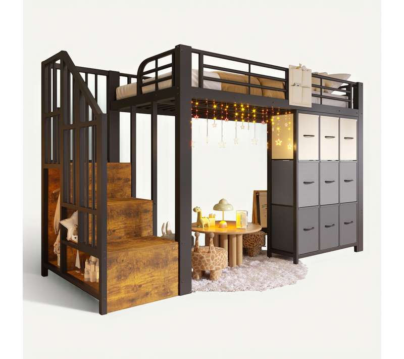 Lit Mezzanine 140x200 Pour Chambre Enfant Et Ado Avec Rangements - Métal Noir