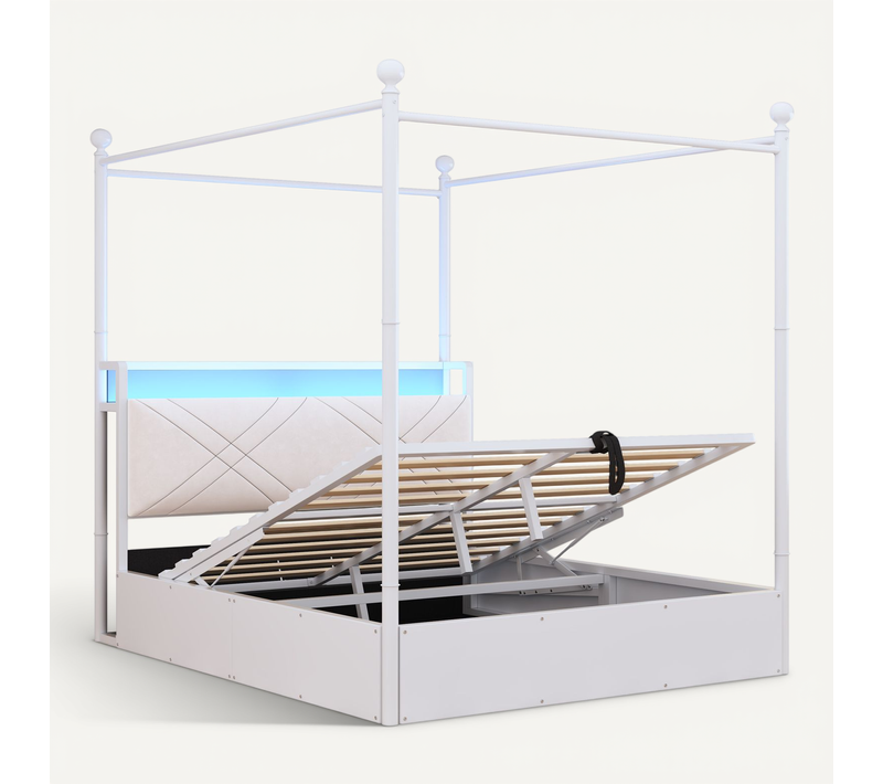 Lit Coffre à Baldaquin 140x190 En Métal Blanc Avec LED Et USB Type-c