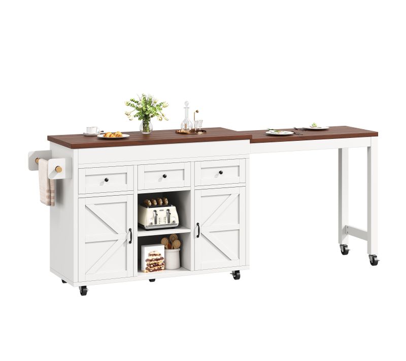 Îlot De Cuisine Extensible 131,5-210 Cm Avec Table Haute Rangement 3 Tiroirs 2 Placards Blanc Bois