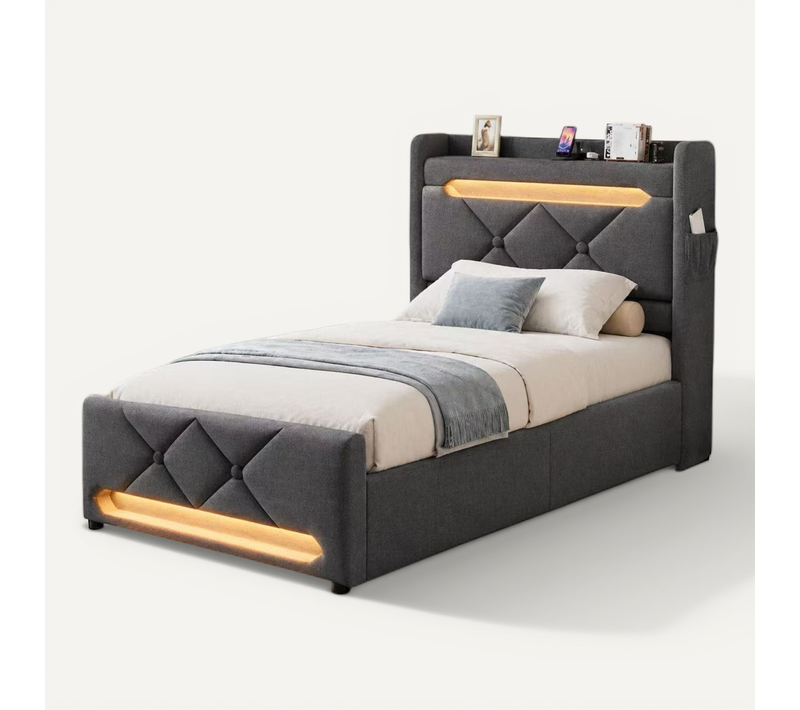 Lit Coffre 90x200 - Lit Simple Avec Rangement 3 Niveaux, LED 360°, 3 USB + USB-c, Tissu Lin - Gris