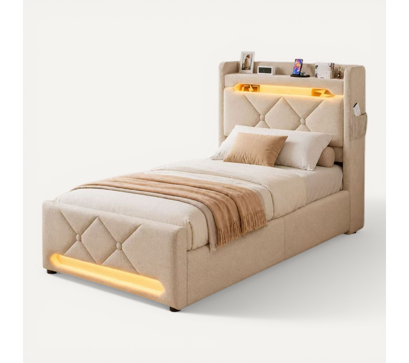 Lit Coffre 90x200 - Lit Simple Avec Rangement 3 Niveaux, LED 360°, 3 USB + USB-c, Tissu Lin - Beige