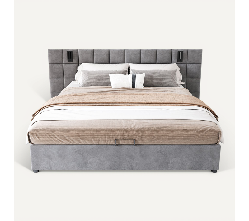 Lit Coffre 160x200 En Velours Gris Avec Liseuse Orientable USB Et Tête De Lit Large