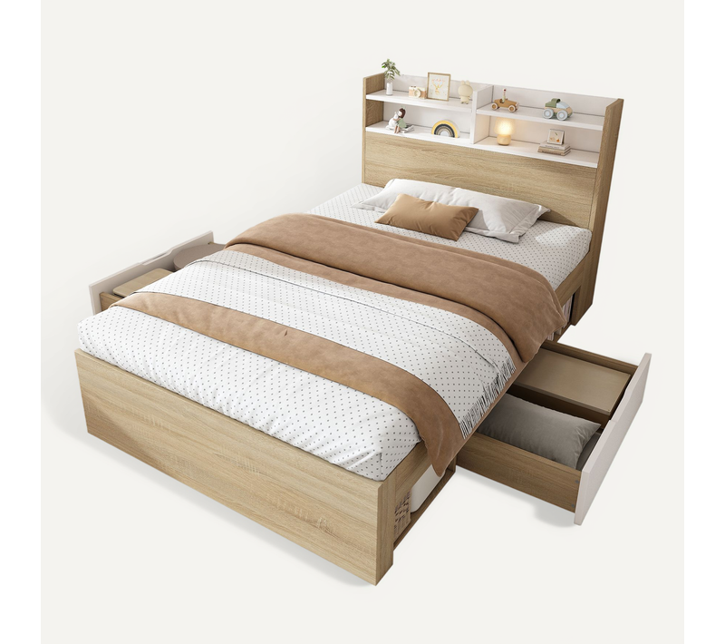 Lit 1 Place 90x200 Avec Rangements, Tête De Lit étagère, 2 Tiroirs, Blanc Et Chêne