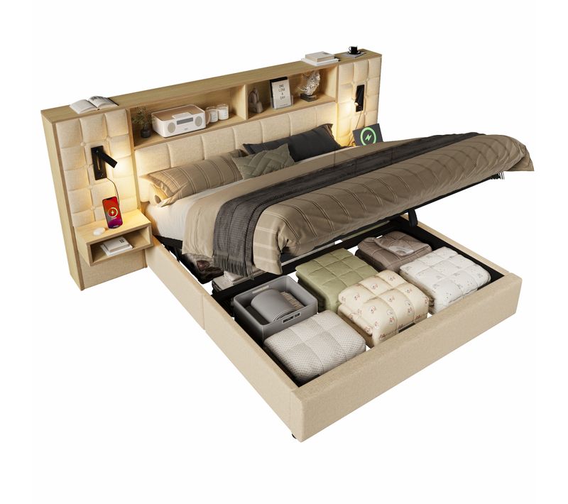 Lit Coffre Rembourré 160x200 Cm - LED Liseuses Chevets USB-c Sommier - Lin Beige