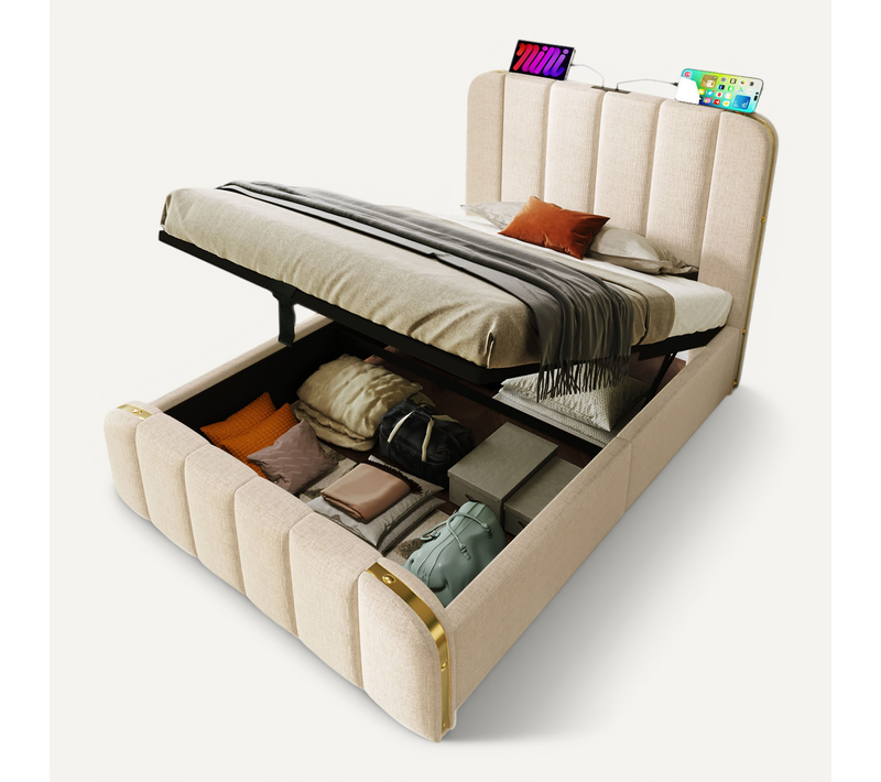 Lit Coffre 1 Place Capitonné 90x200 Cm Avec USB-c Tissu Effet Lin Beige