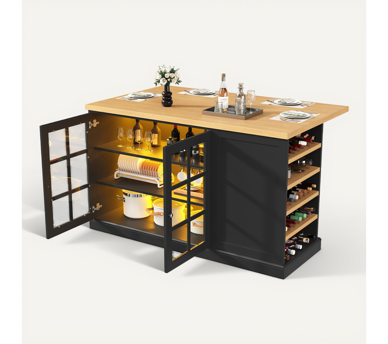 Table De Bar Pliante 120x40-70x90 Cm LED USB Range-bouteilles Tiroir Îlot Cuisine Mdf Nior Bois