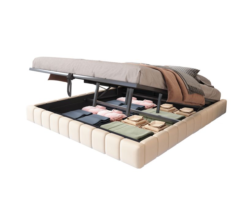 Lit Suspendu 180x200cm - Avec Rangement Pneumatique et LED - Pour Chambre - Beige