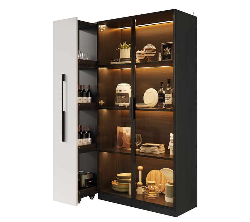 Vitrine LED 110,5x35x160 Cm Rangement Coulissant Verre Noir Blanc
