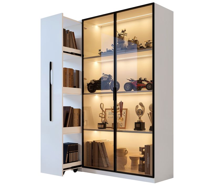 Vitrine LED Blanche 110,5x35x160 Cm Verre Ambré Rangement Coulissant