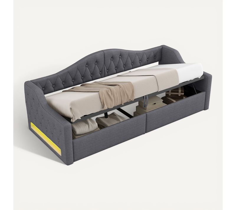 Lit Banquette Coffre 90x200 Cm LED Rangement Sous Sommier Effet Lin Gris