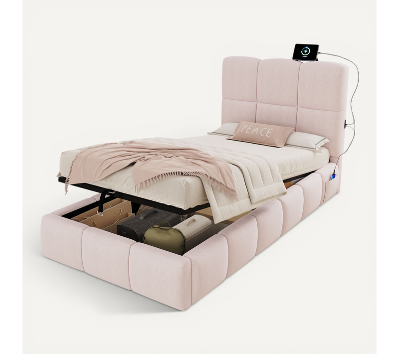Lit Coffre Enfant 90x200 Cm Avec Sommier Relevable Et Port USB-c Velours Rose