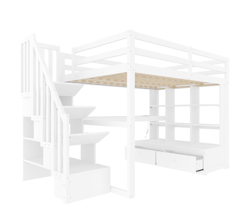Lit Mezzanine 140x200 Avec Bureau Rangements Escalier Mdf Et Pin Blanc