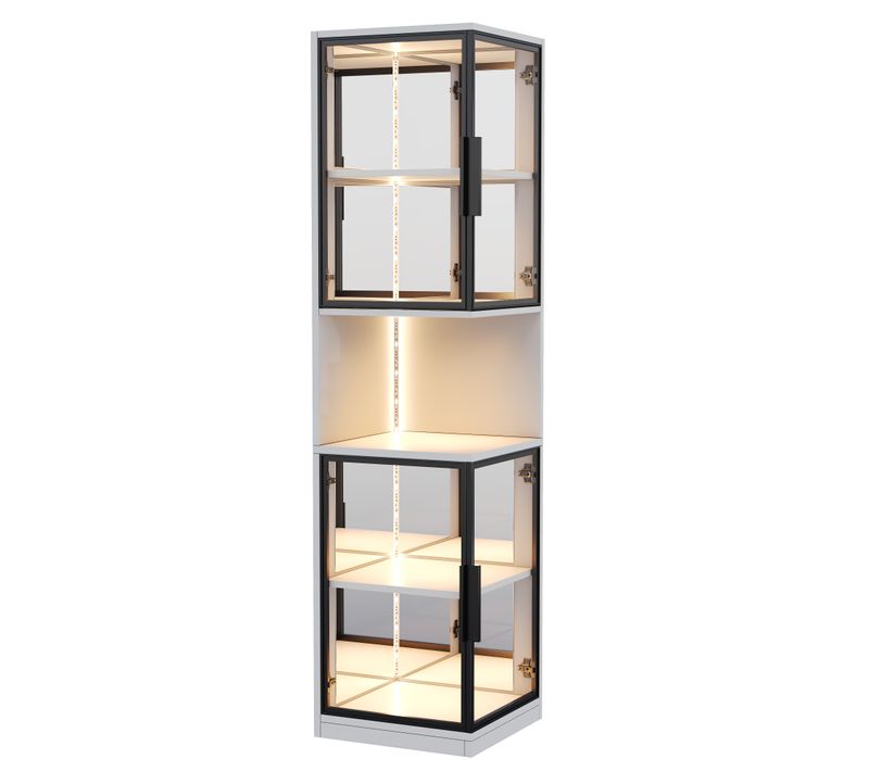 Vitrine LED 205 Cm Portes Vitrées Fond Miroir Niche Ouverte Blanc