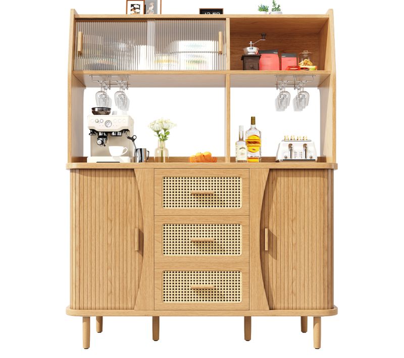 Buffet Vaisselier 140x40,5x174,5 Cm Verre Strié Et Effet Cannage Bois Clair