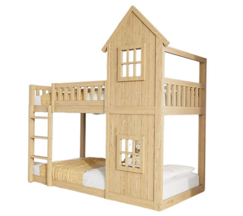 Lit Superposé Cabane Enfant 90x200 Avec échelle Et Fenêtres - Bois Naturel