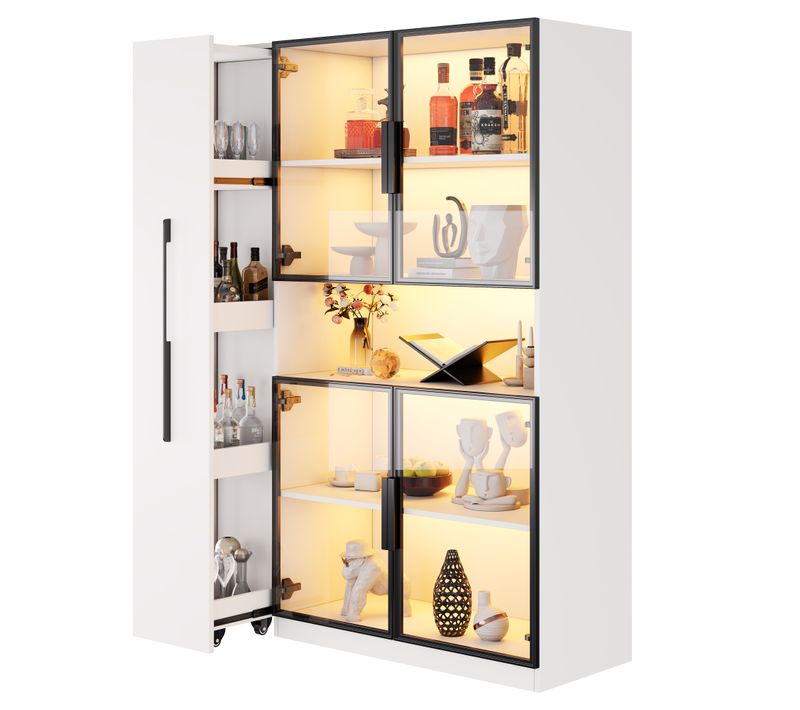 Vitrine Bibliothèque 110x35x160 Cm Avec LED App Et Rangements Coulissants, Blanc