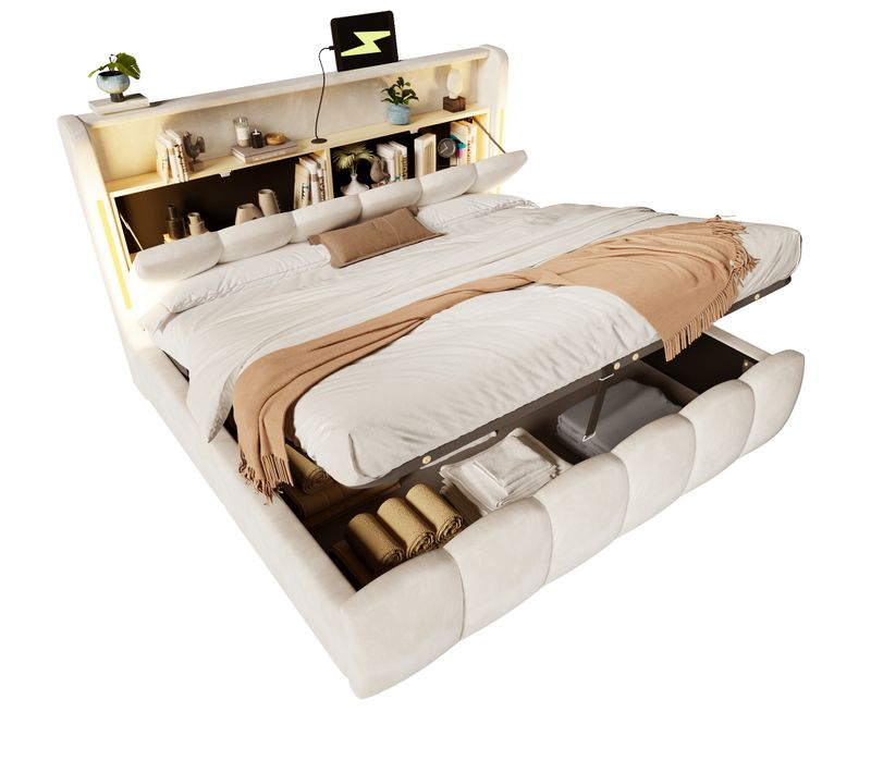 Lit Coffre 180x200cm Avec Tête De Lit De Rangement, éclairage LED, Prises USB,type-c,velours Beige