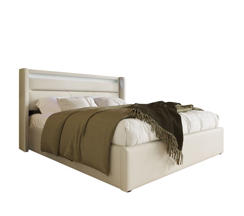 Lit Coffre 2 Personnes 140x200cm Avec Grand Rangement Hydraulique, Bande LED Pu Blanc