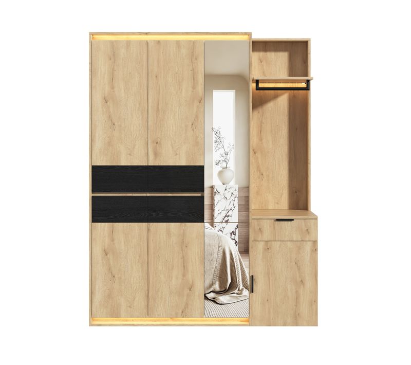 Armoire Penderie 155x47x200 Cm Avec Miroir, 3 Penderies, 5 Tiroirs Et LED, Effet Chêne