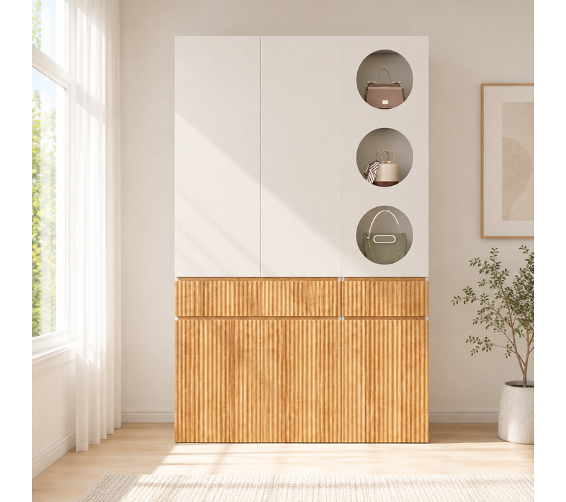 Armoire Penderie 135x50x200 Cm,grand Meuble De Rangement Avec 6 Portes, 2 Tiroirs Et 1 Tringle,chêne