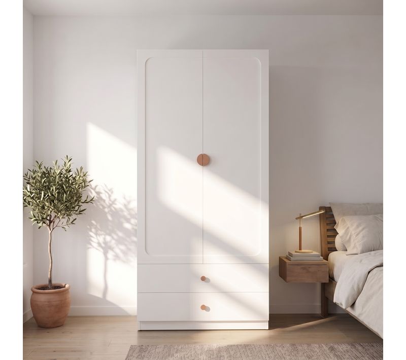 Armoire Penderie 200x90x45 Cm Avec 1 Tringle, 2 Tiroirs Et Poignée En Bois Massif, Blanc
