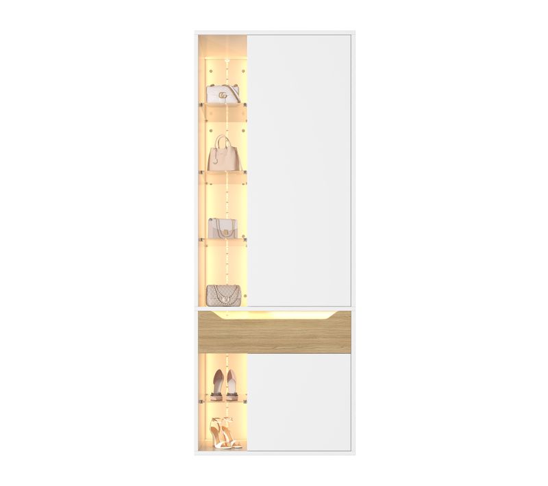 Armoire Dressing Vitrine 75 X 50 X 200 Cm, Tringle, Tiroir, 2 LED Et 6 Niches Ouvertes, Blanc