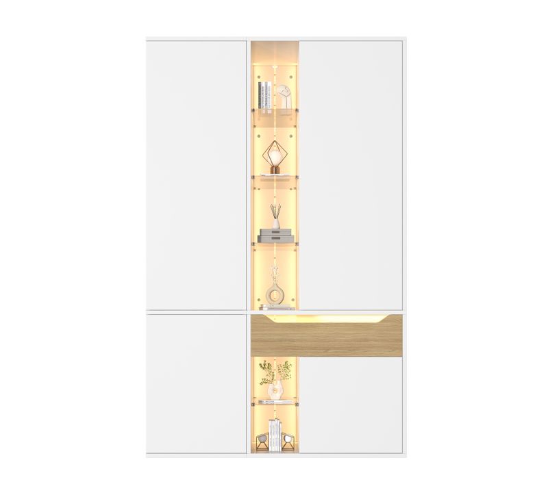 Armoire Dressing Vitrine 122x50x200cm, Tringle, Tiroir, LED, 6 Niches Fermées Et 6 Ouvertes, Blanc