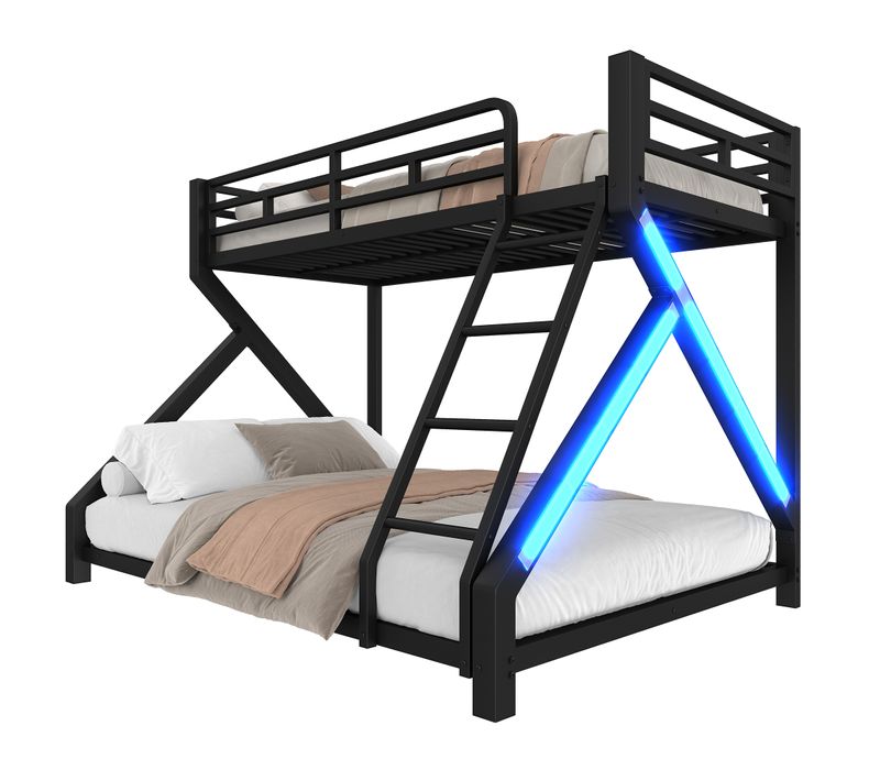 Lit Superposé Enfant 90x200 Et 140x200cm, éclairage LED, Garde-corps De Sécurité,échelle,métal Noir