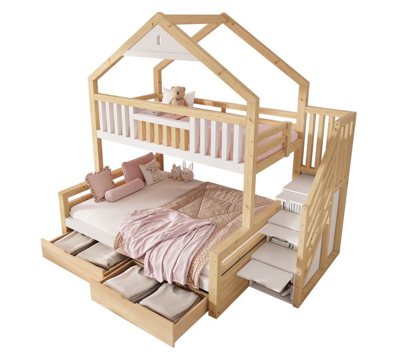 Lit Superposé Bois Massif 90x200 / 140x200 Cm - Tiroirs - Escalier - Bois - Chêne