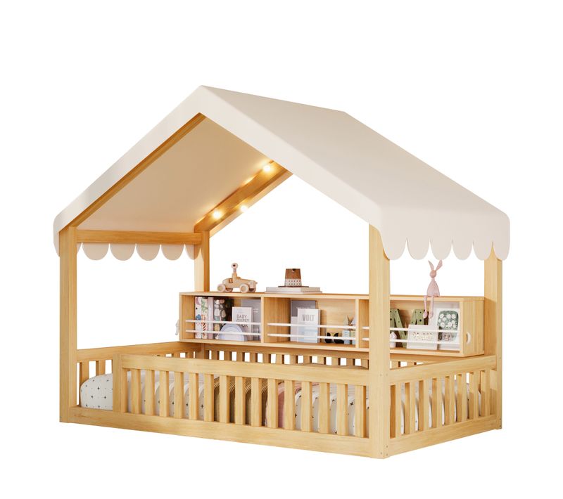 Lit À Baldaquin Enfant 90x200cm Avec Guirlande LED - Bibliothèque Et Barrière De Sécu - Bois Naturel