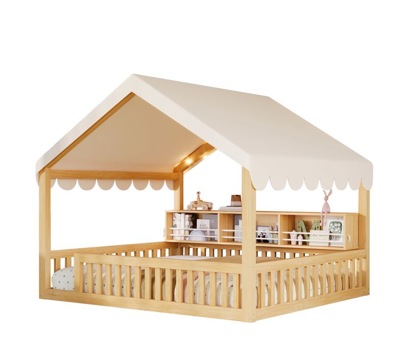 Lit Baldaquin Enfant 140x200cm Avec Guirlande LED - Bibliothèque Et Barrière De Sécur - Bois Naturel