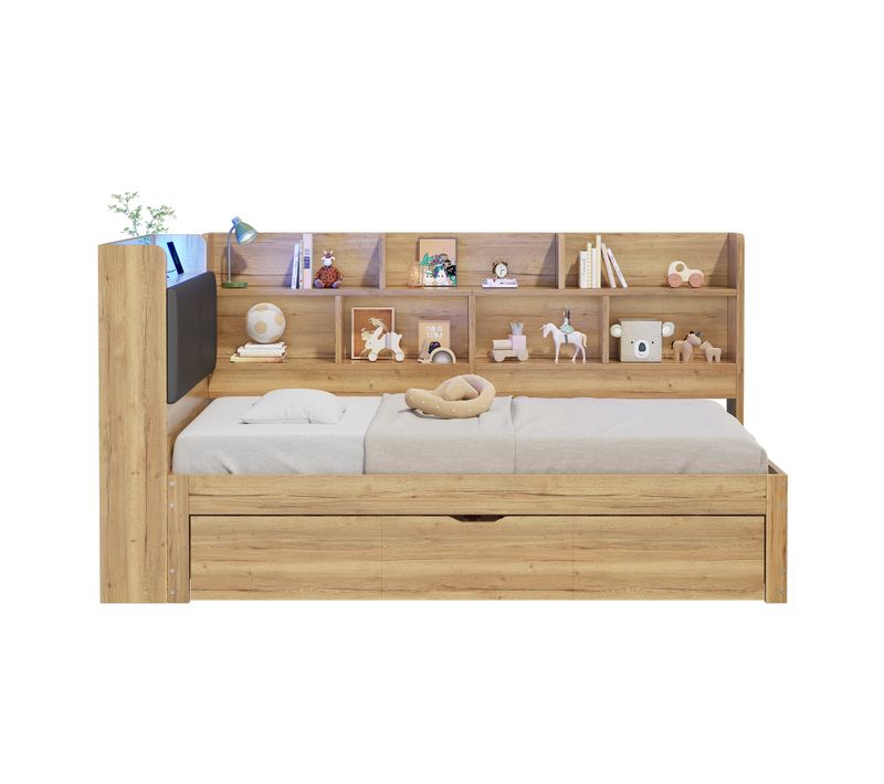 Lit Banquette Coffre 90x190 Cm - éclairage - Ports De Charge - Mdf - Naturel