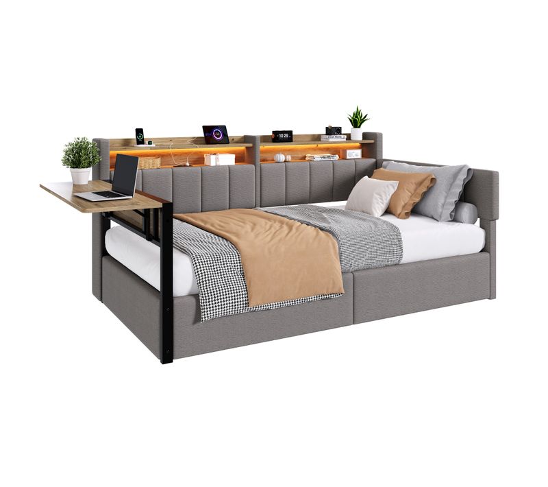 Lit Banquette 90x200 Cm - Rangement - Bandeau Lumineux - Port - Gris