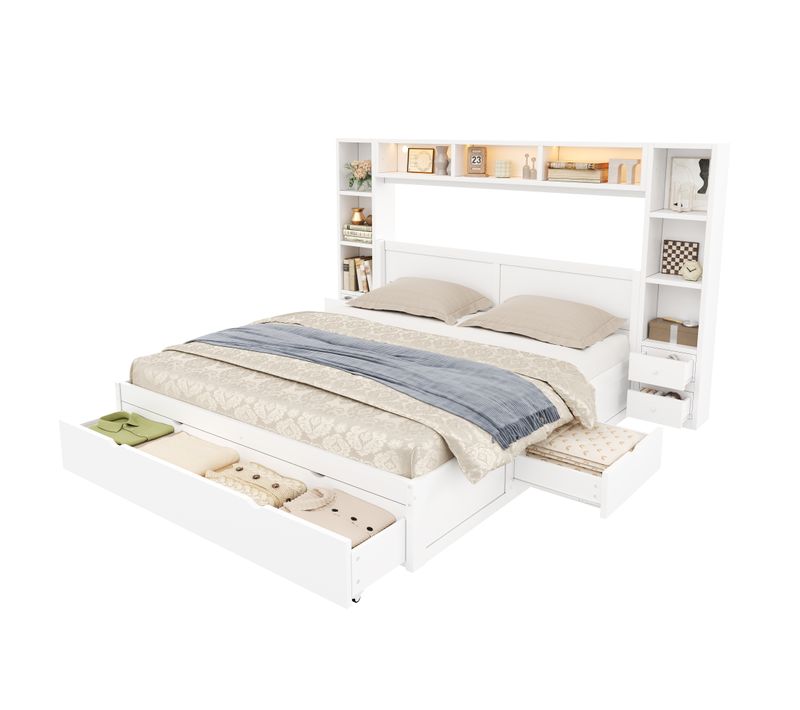 Lit Plateforme 140x200 Cm Avec 7 Tiroirs - Lit Double Avec Compartiments - LED - Blanc