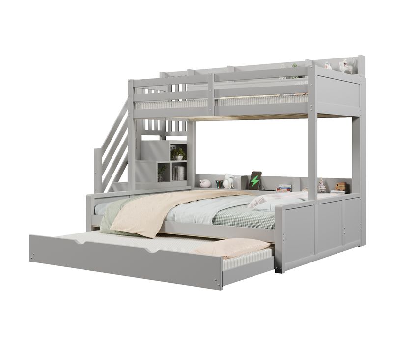Lit Superposé 90 X 200 Et 140 X 200 Cm Avec Lit Gigogne 90 X 190cm - USB - Gris