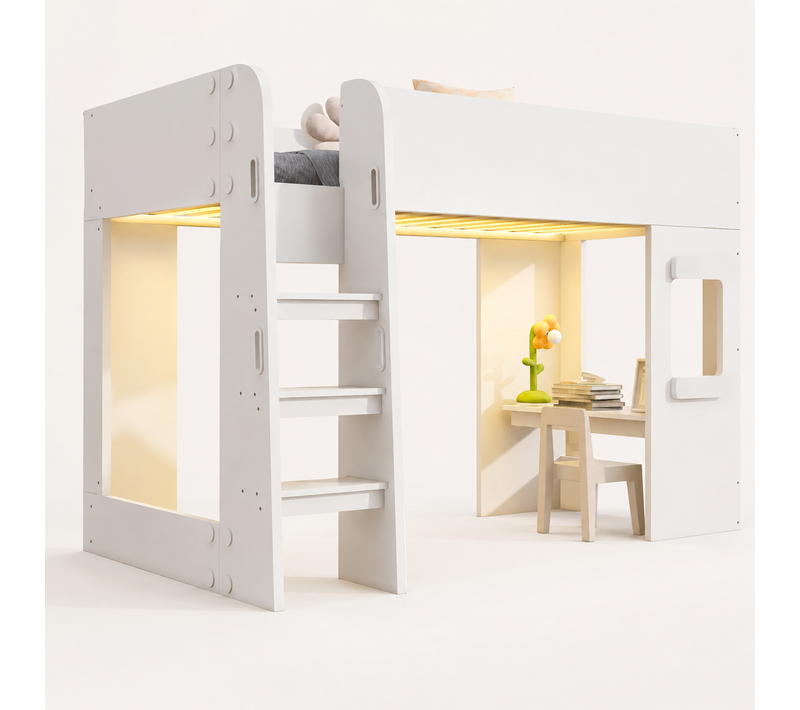Lit Mezzanine 90x200 Cm - Bandeau Lumineux - Idéal Pour La Chambre - Moderne - Confortable - Blanc