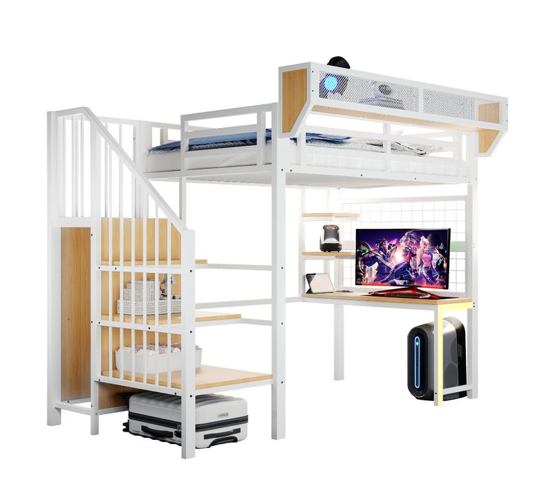 Lit Mezzanine 90x200 Cm - éclairage - Prise - Garde-corps - Blanc