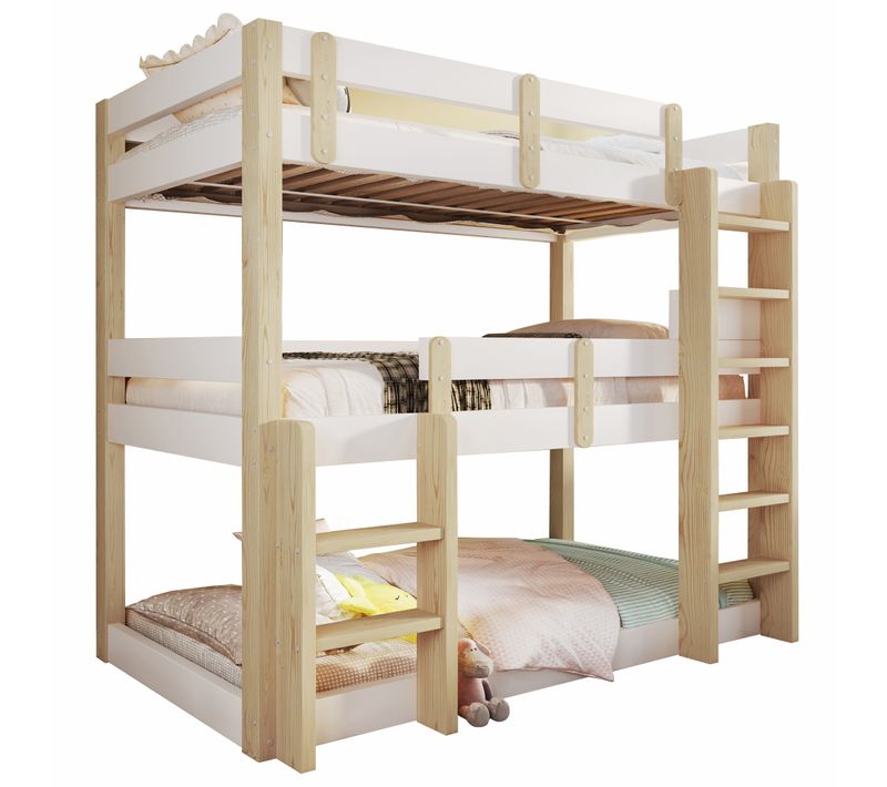 Lit Superposé 90x190 Cm - Bois - Blanc Et Naturel