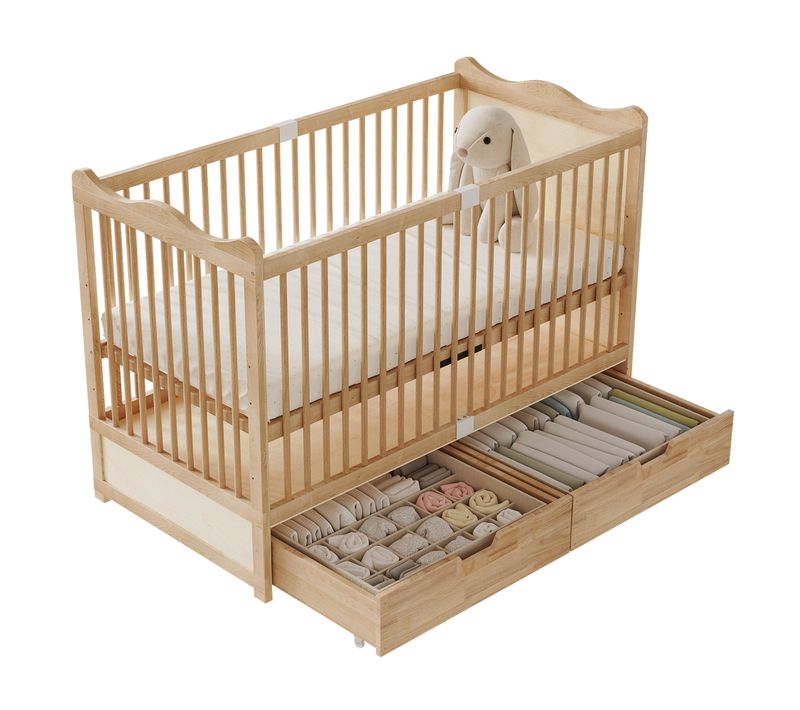 Lit Bébé 70x140 Cm Avec Sommier Réglable 4 Hauteurs, Lit À Barreaux, Tiroirs, Pin Naturel