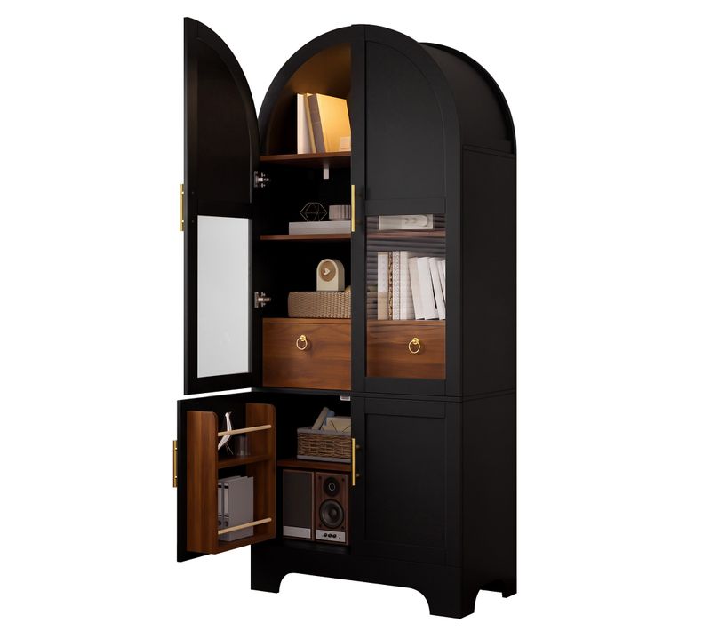 Vitrine Haute 76×40×180cm À Façade Cintrée, éclairage LED, 4 Portes, 1 Tiroir Et Façade Vitrée,noir