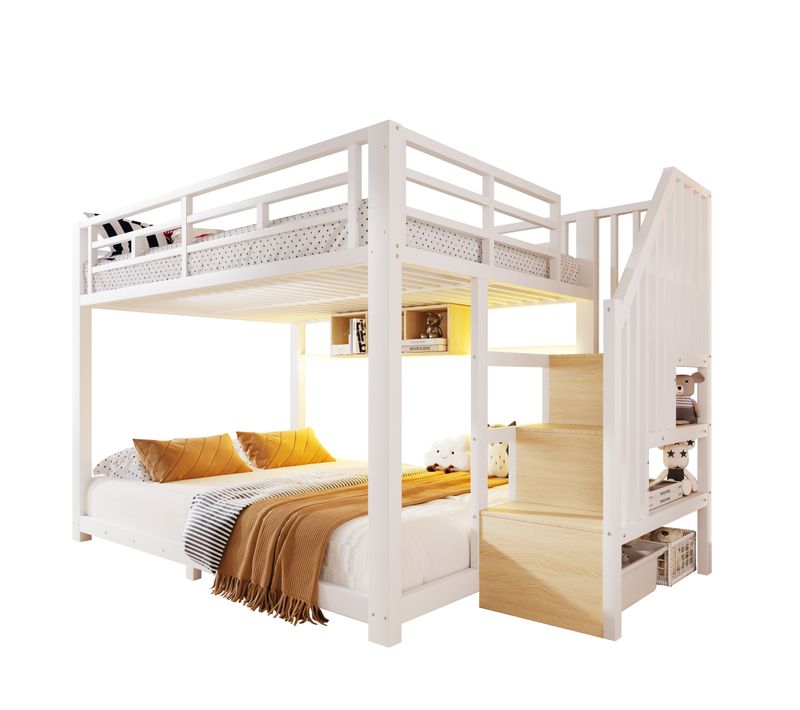 Lit Superposé 140x200cm Avec LED, 3 Compartiments De Rangement,stockage Et Garde-corps, Métal Blanc