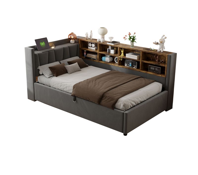 Lit Banquette Coffre 90x200cm Avec Rangement Hydraulique,ports USB Et Type-c,velours, Gris Foncé