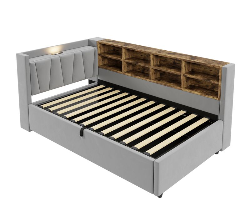 Lit Banquette Coffre 90x200cm Avec Rangement Hydraulique, Ports USB Et Type-c,velours, Gris Clair